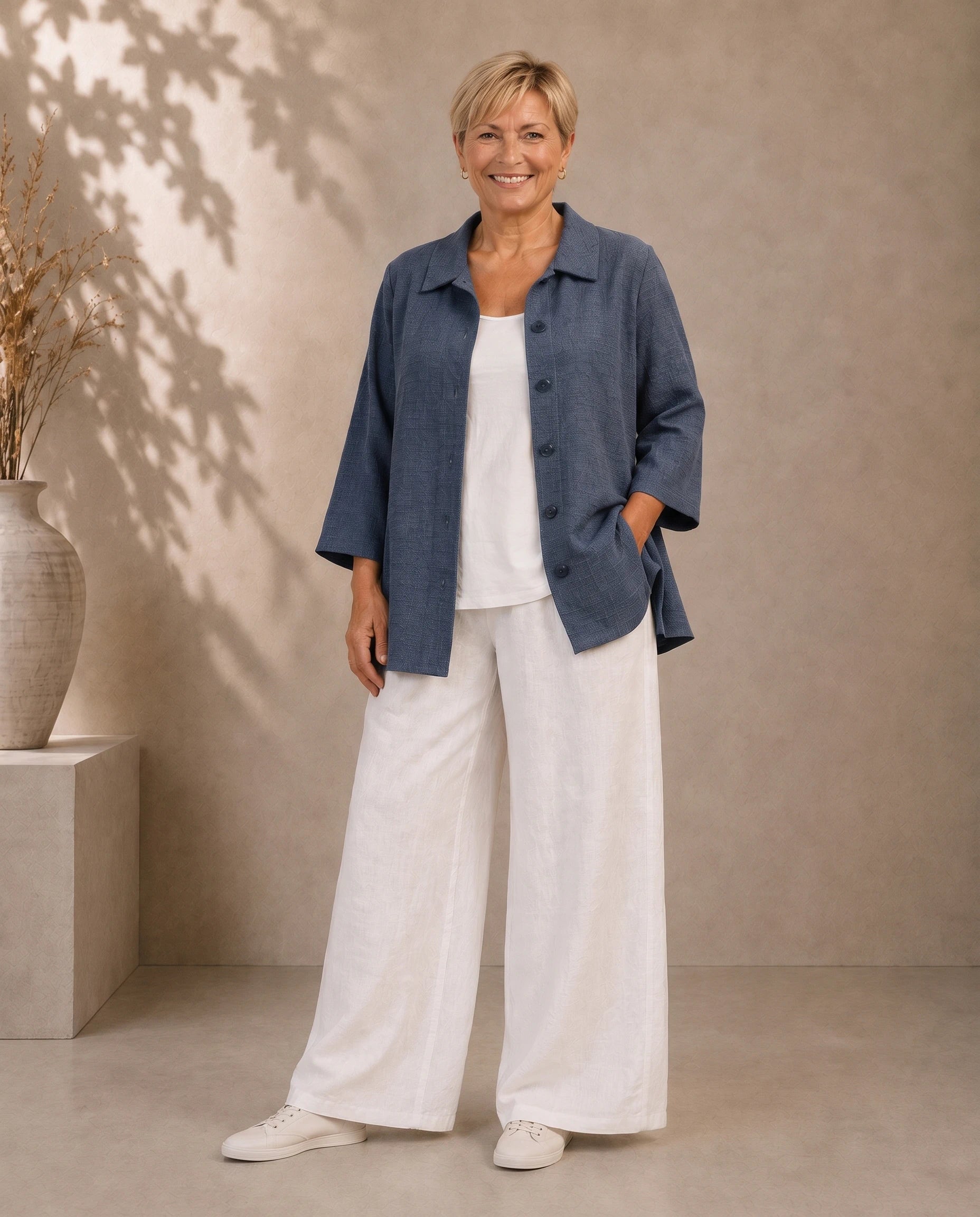 Plus Size Blusenjacke Edda in rauchblau am Model von Katrin Kiesler